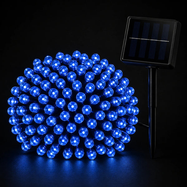 Blue LED string lights with solar panel on a black background