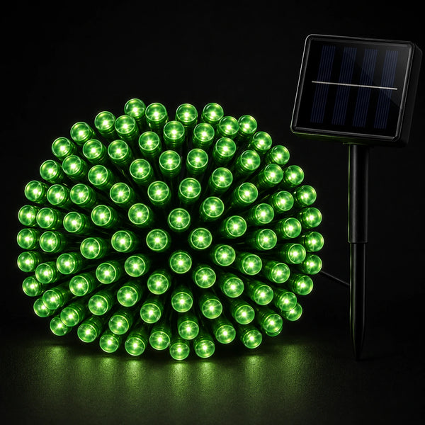 Green string lights with solar panel on a black background