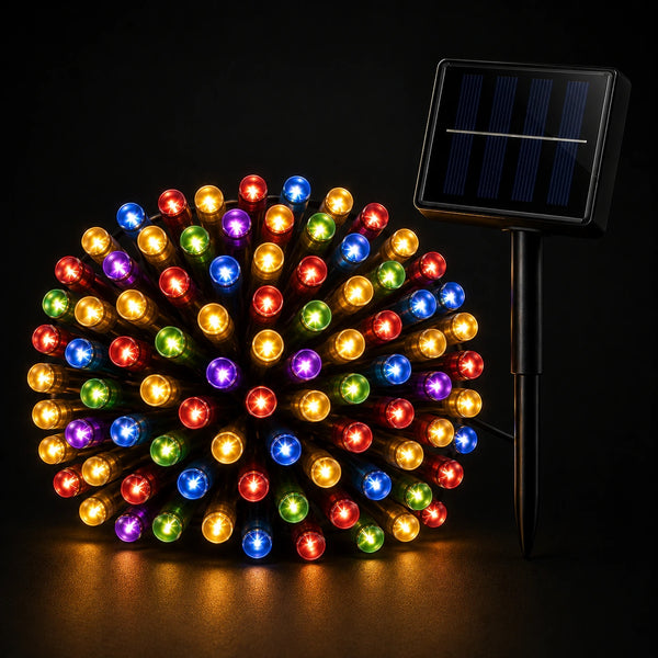 Colorful string lights with a solar panel on a black background