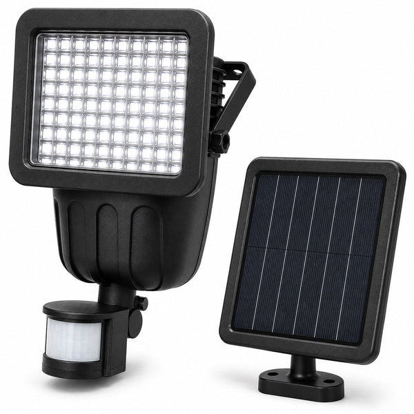 Black solar flood light with motion sensor on a white background