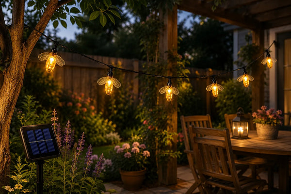 Outdoor patio with string lights, solar panel, and wooden furniture.