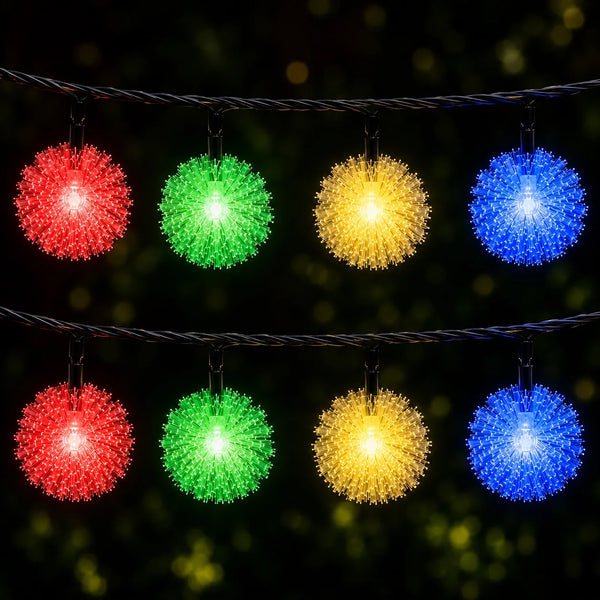 String lights with red, green, yellow, and blue spherical bulbs against a dark background.
