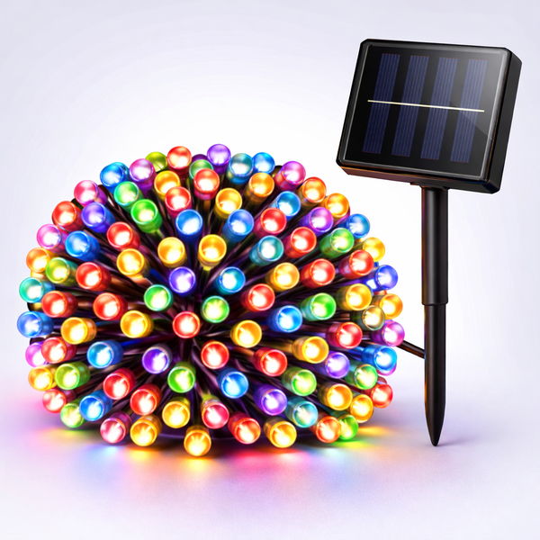Colorful string lights with a solar panel and stake on a white background
