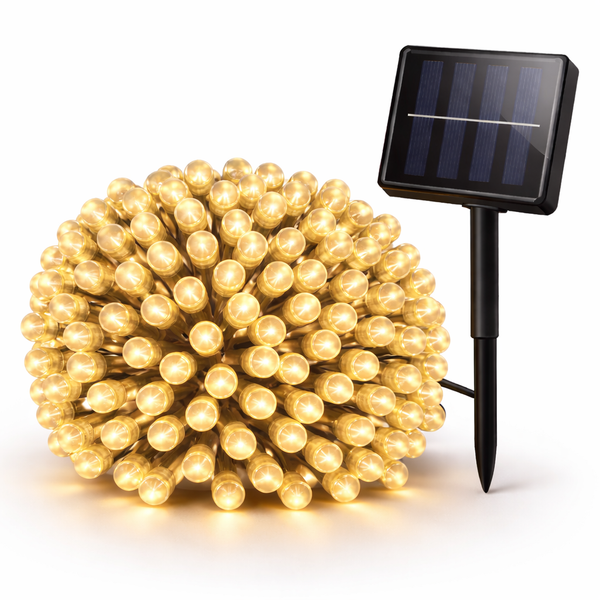 Solar string lights with a solar panel and stake on a white background