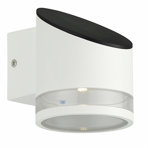 Modern outdoor wall light fixture with black and white design on a white background